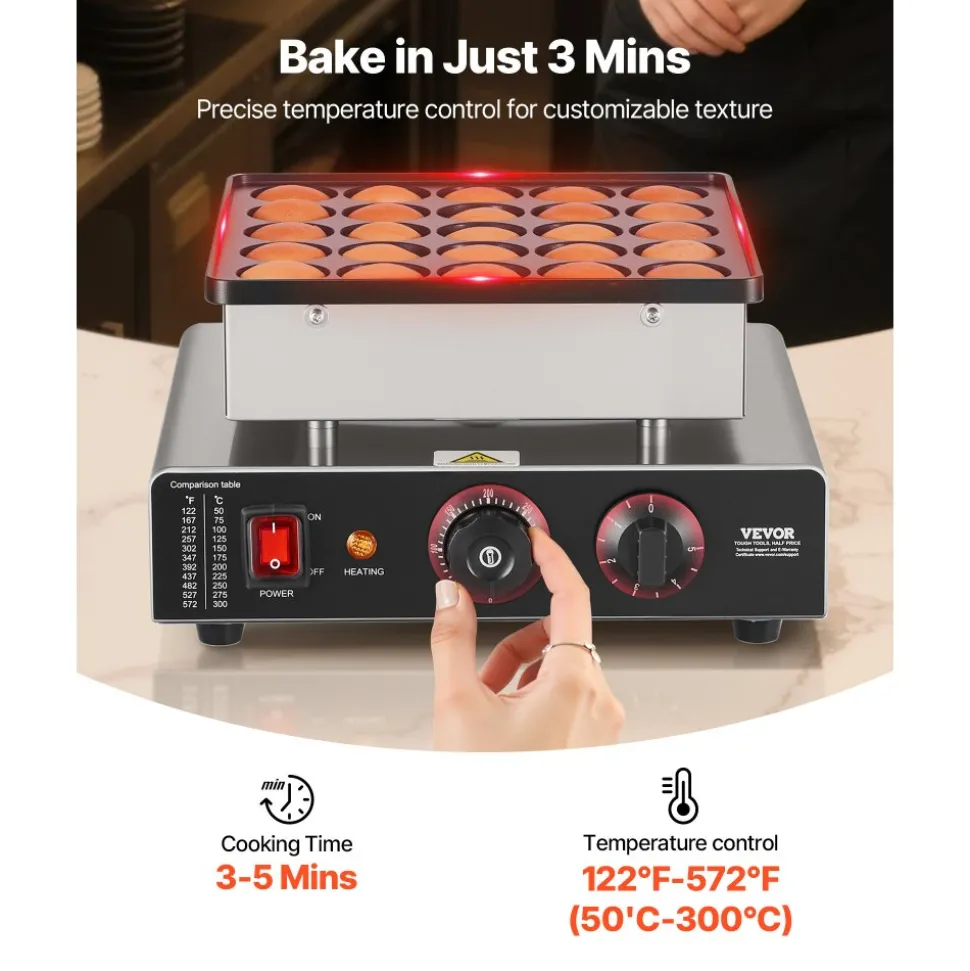 VEVOR Mini Pancake Maker, 25PCS 43mm Diameter Dutch Muffin Waffle Baker, Non-stick Stainless Steel Poffertjes Grill, Commercial Electric Dorayaki Machine, Temp & Time Control, Home Kitchen Restaurant
