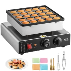VEVOR Mini Pancake Maker, 25PCS 43mm Diameter Dutch Muffin Waffle Baker, Non-stick Stainless Steel Poffertjes Grill, Commercial Electric Dorayaki Machine, Temp & Time Control, Home Kitchen Restaurant