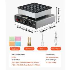VEVOR Mini Pancake Maker, 25PCS 43mm Diameter Dutch Muffin Waffle Baker, Non-stick Stainless Steel Poffertjes Grill, Commercial Electric Dorayaki Machine, Temp & Time Control, Home Kitchen Restaurant