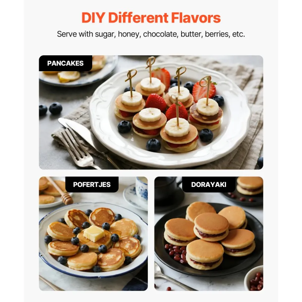 VEVOR Mini Pancake Maker, 25PCS 43mm Diameter Dutch Muffin Waffle Baker, Non-stick Stainless Steel Poffertjes Grill, Commercial Electric Dorayaki Machine, Temp & Time Control, Home Kitchen Restaurant