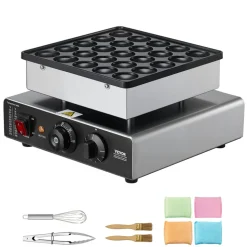 VEVOR Mini Pancake Maker, 25PCS 43mm Diameter Dutch Muffin Waffle Baker, Non-stick Stainless Steel Poffertjes Grill, Commercial Electric Dorayaki Machine, Temp & Time Control, Home Kitchen Restaurant