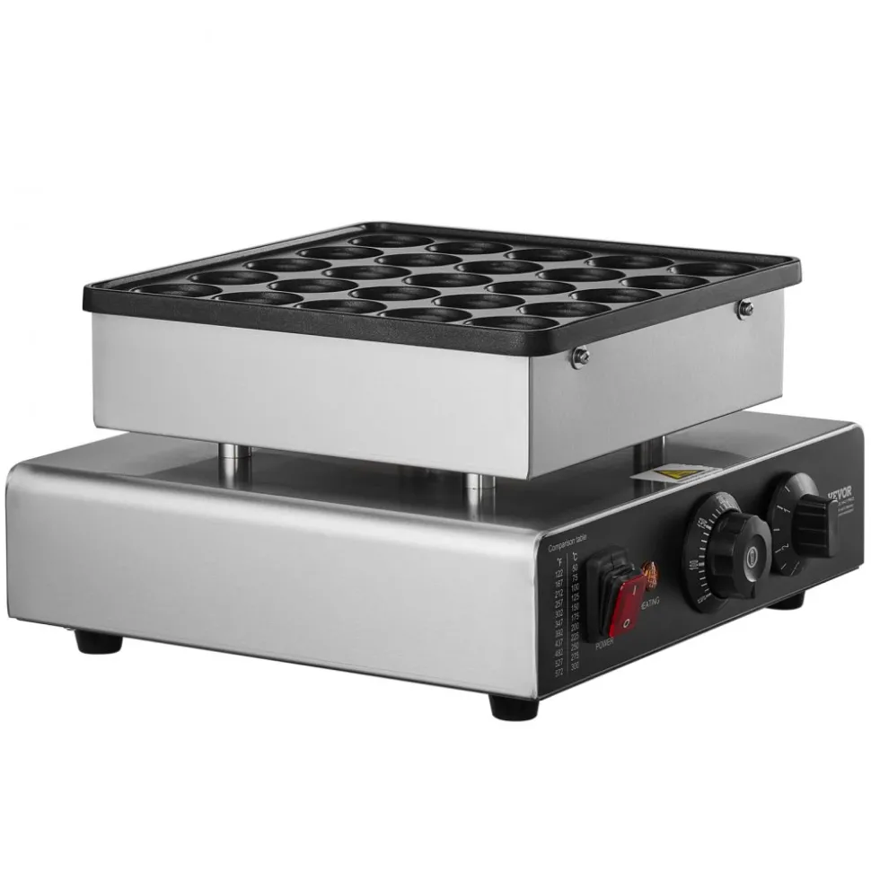 VEVOR Mini Pancake Maker, 25PCS 43mm Diameter Dutch Muffin Waffle Baker, Non-stick Stainless Steel Poffertjes Grill, Commercial Electric Dorayaki Machine, Temp & Time Control, Home Kitchen Restaurant