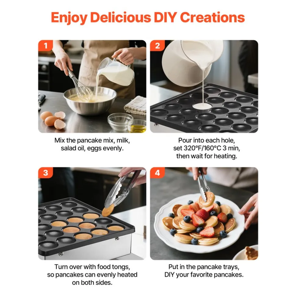 VEVOR Mini Pancake Maker, 25PCS 43mm Diameter Dutch Muffin Waffle Baker, Non-stick Stainless Steel Poffertjes Grill, Commercial Electric Dorayaki Machine, Temp & Time Control, Home Kitchen Restaurant