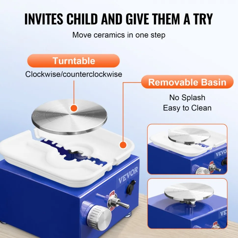 VEVOR Mini Pottery Wheel, for Kids or Beginners, 2 Turntables 2.6in/3.9in Ceramic Wheel Machine, Adjustable 0-300RPM Speed ABS Detachable Basin, 17 Pottery Accessories, Work Art Craft DIY, 30W, Blue