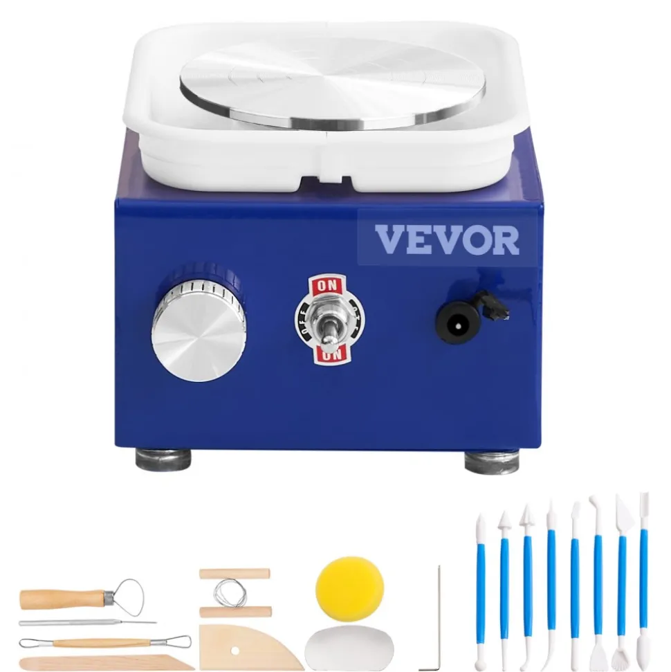 VEVOR Mini Pottery Wheel, for Kids or Beginners, 2 Turntables 2.6in/3.9in Ceramic Wheel Machine, Adjustable 0-300RPM Speed ABS Detachable Basin, 17 Pottery Accessories, Work Art Craft DIY, 30W, Blue