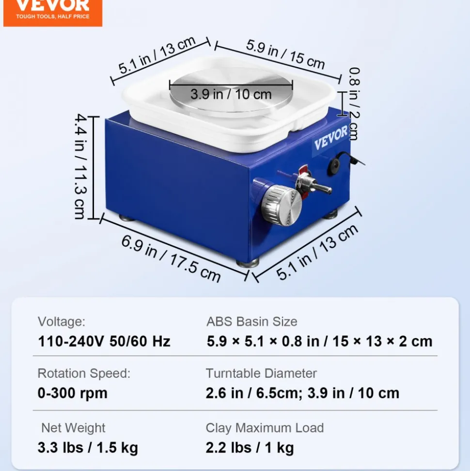 VEVOR Mini Pottery Wheel, for Kids or Beginners, 2 Turntables 2.6in/3.9in Ceramic Wheel Machine, Adjustable 0-300RPM Speed ABS Detachable Basin, 17 Pottery Accessories, Work Art Craft DIY, 30W, Blue