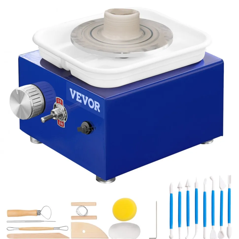 VEVOR Mini Pottery Wheel, for Kids or Beginners, 2 Turntables 2.6in/3.9in Ceramic Wheel Machine, Adjustable 0-300RPM Speed ABS Detachable Basin, 17 Pottery Accessories, Work Art Craft DIY, 30W, Blue