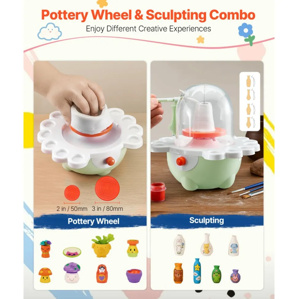 VEVOR Mini Pottery Wheel, 2 in and 3 in Turntables, Adjustable Speed, Electric Clay Wheel for Kids and Beginners, Complete Pottery Set with Clay Sculpting Tools, Gift for Boys and Girls, Green