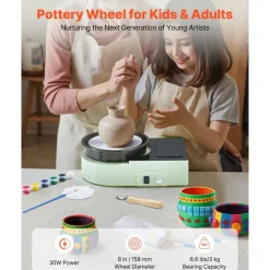 VEVOR Mini Pottery Wheel, 6 inch Turntable, Forward and Reverse Rotation, Adjustable Speed, Electric Clay Wheel for Kids and Adults, with Clay Shaping Tools, for Home DIY, Pottery Classes, Green