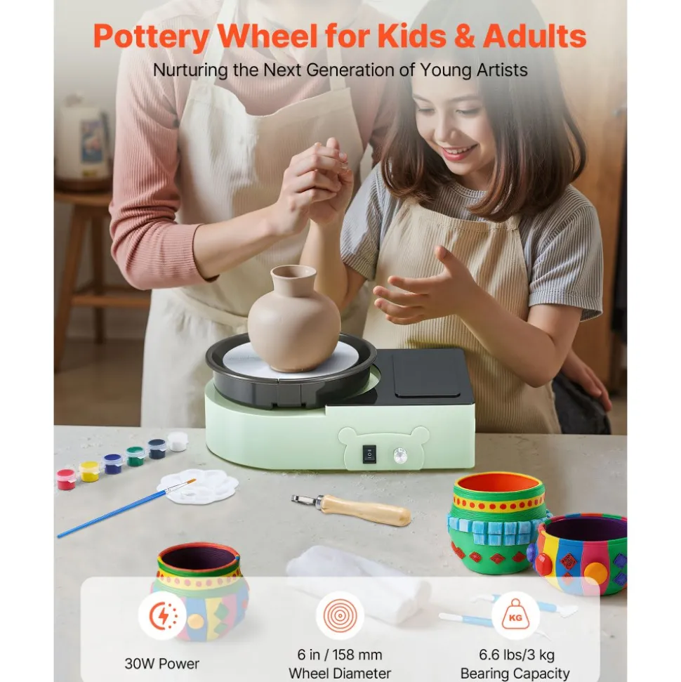 VEVOR Mini Pottery Wheel, 6 inch Turntable, Forward and Reverse Rotation, Adjustable Speed, Electric Clay Wheel for Kids and Adults, with Clay Shaping Tools, for Home DIY, Pottery Classes, Green