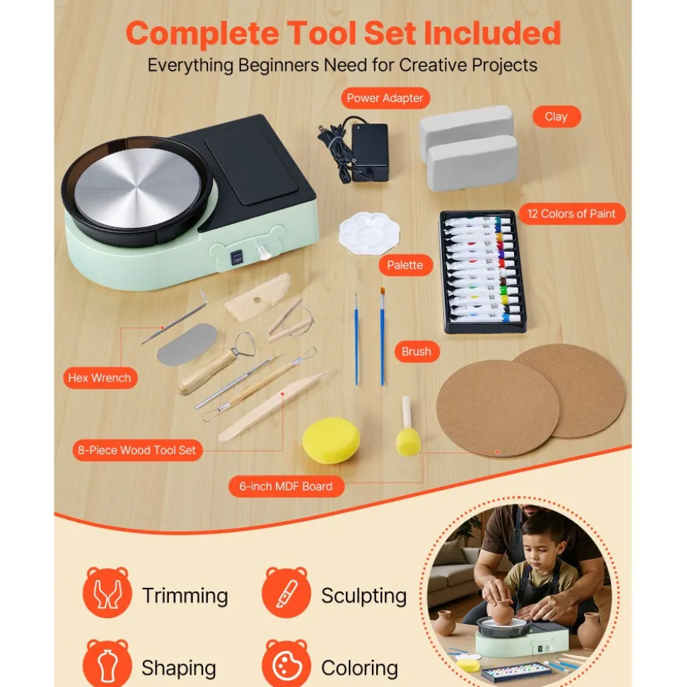 VEVOR Mini Pottery Wheel, 6 inch Turntable, Forward and Reverse Rotation, Adjustable Speed, Electric Clay Wheel for Kids and Adults, with Clay Shaping Tools, for Home DIY, Pottery Classes, Green