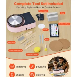 VEVOR Mini Pottery Wheel, 6 inch Turntable, Forward and Reverse Rotation, Adjustable Speed, Electric Clay Wheel for Kids and Adults, with Clay Shaping Tools, for Home DIY, Pottery Classes, Pink