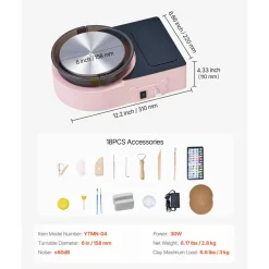VEVOR Mini Pottery Wheel, 6 inch Turntable, Forward and Reverse Rotation, Adjustable Speed, Electric Clay Wheel for Kids and Adults, with Clay Shaping Tools, for Home DIY, Pottery Classes, Pink