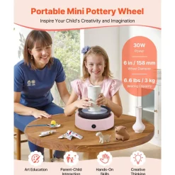 VEVOR Mini Pottery Wheel, 6 inch Turntable, Forward and Reverse Rotation, Adjustable Speed, Electric Clay Wheel for Kids and Beginners, with Shaping Tools, for Home DIY, Pottery Classes, Pink