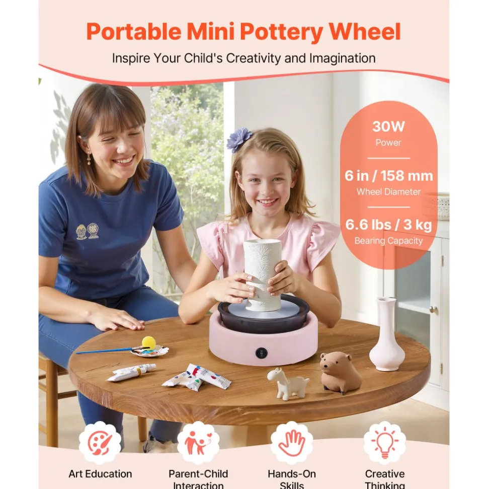 VEVOR Mini Pottery Wheel, 6 inch Turntable, Forward and Reverse Rotation, Adjustable Speed, Electric Clay Wheel for Kids and Beginners, with Shaping Tools, for Home DIY, Pottery Classes, Pink