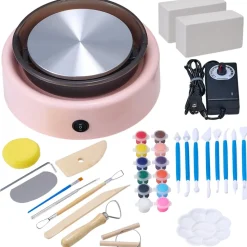 VEVOR Mini Pottery Wheel, 6 inch Turntable, Forward and Reverse Rotation, Adjustable Speed, Electric Clay Wheel for Kids and Beginners, with Shaping Tools, for Home DIY, Pottery Classes, Pink