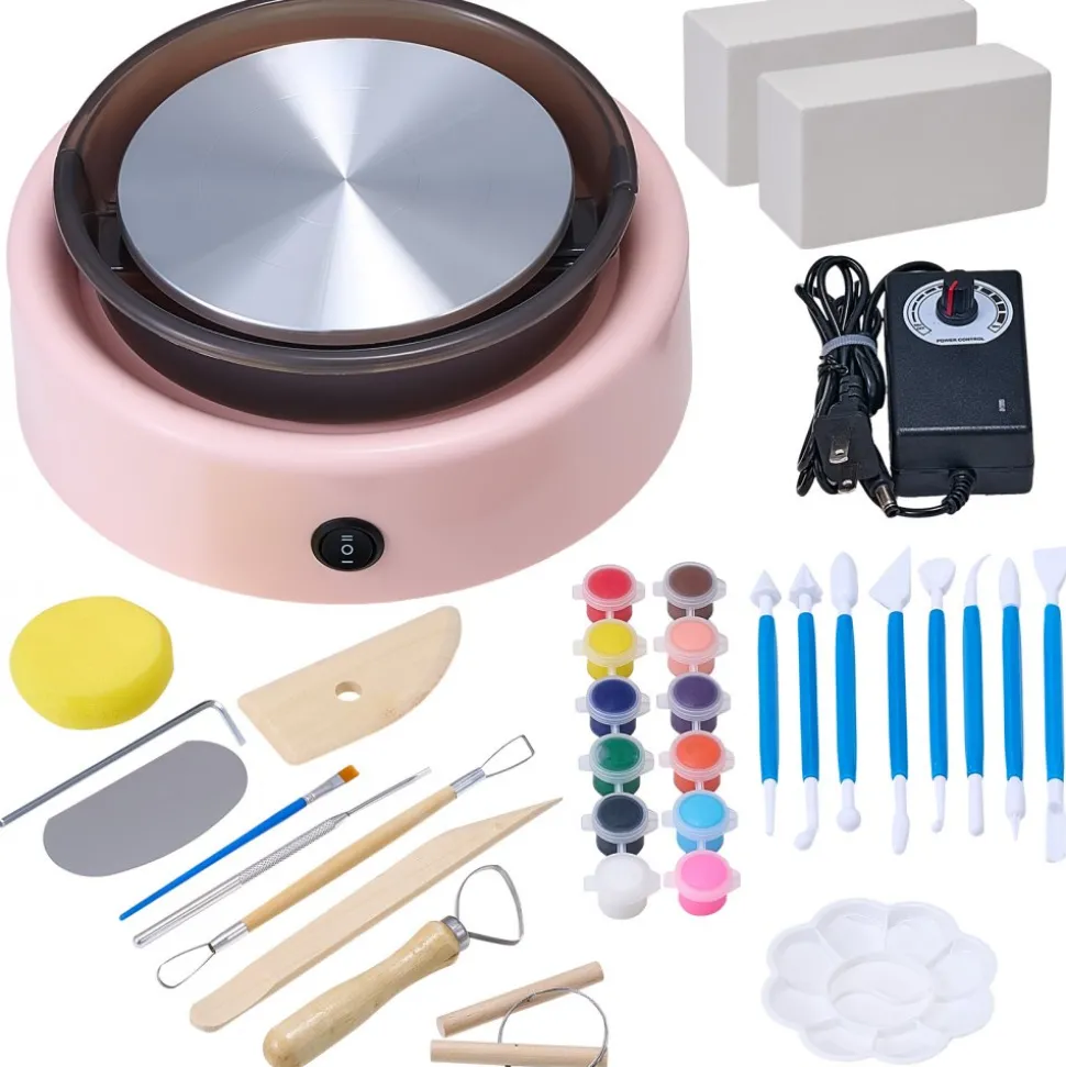 VEVOR Mini Pottery Wheel, 6 inch Turntable, Forward and Reverse Rotation, Adjustable Speed, Electric Clay Wheel for Kids and Beginners, with Shaping Tools, for Home DIY, Pottery Classes, Pink