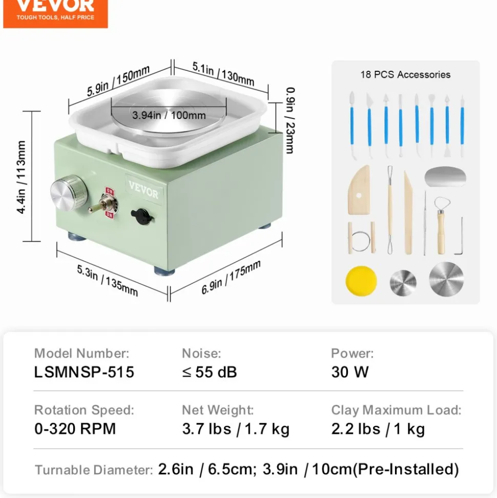 VEVOR Mini Pottery Wheel, 0-320RPM Adjustable Speed Detachable Basin Forming Machine, 2.56in/3.94in 2 Turntables Electric Ceramic Wheel Machine, 18pcs Accessories, for Art Craft Work Home DIY, Green