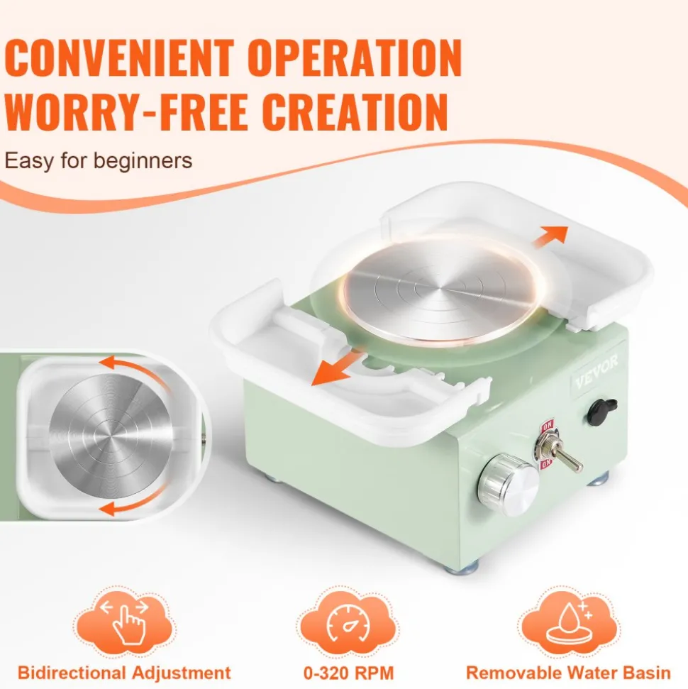 VEVOR Mini Pottery Wheel, 0-320RPM Adjustable Speed Detachable Basin Forming Machine, 2.56in/3.94in 2 Turntables Electric Ceramic Wheel Machine, 18pcs Accessories, for Art Craft Work Home DIY, Green