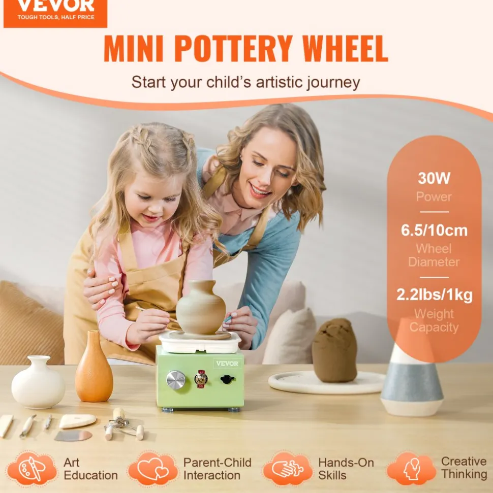 VEVOR Mini Pottery Wheel, 0-320RPM Adjustable Speed Detachable Basin Forming Machine, 2.56in/3.94in 2 Turntables Electric Ceramic Wheel Machine, 18pcs Accessories, for Art Craft Work Home DIY, Green