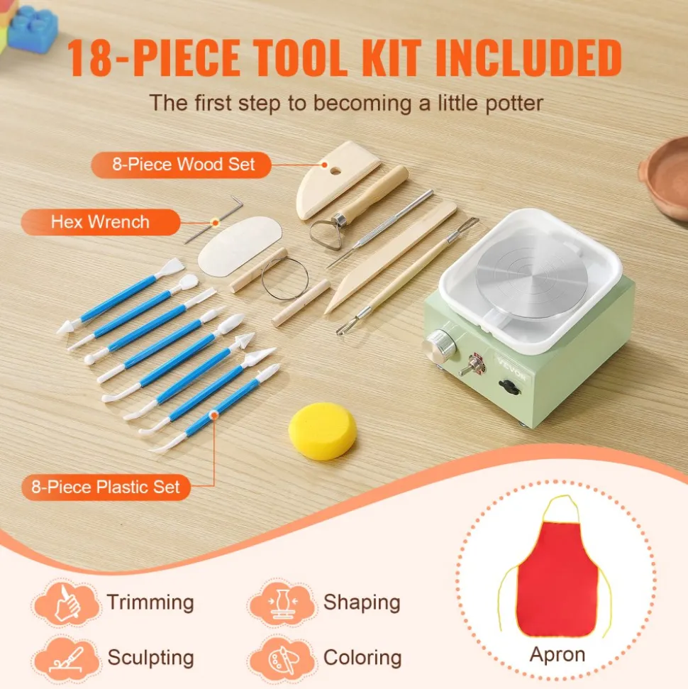 VEVOR Mini Pottery Wheel, 0-320RPM Adjustable Speed Detachable Basin Forming Machine, 2.56in/3.94in 2 Turntables Electric Ceramic Wheel Machine, 18pcs Accessories, for Art Craft Work Home DIY, Green