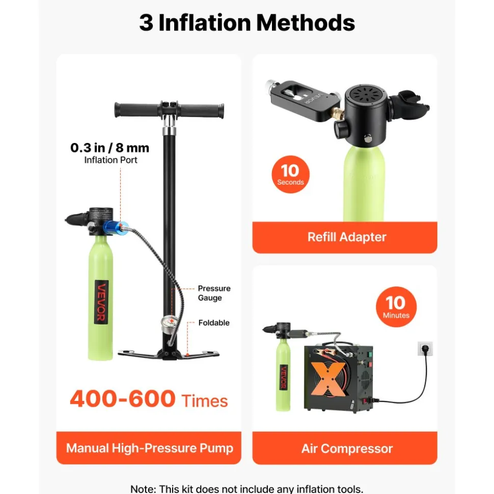 VEVOR Mini Scuba Tank, 1L Portable Diving Tank for Underwater Breathing, Reusable Lung Diving Cylinder up to 20 Minutes Dive Time, Emergency Rescue Pony Bottle with Adapter & Goggles for Snorkeling