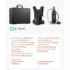 VEVOR Mini Scuba Tank, 1.9L Portable Diving Tank for Underwater Breathing, Reusable Lung Diving Cylinder up to 35 Minutes Dive Time, Emergency Rescue Pony Bottle with Backpack & Case for Snorkeling