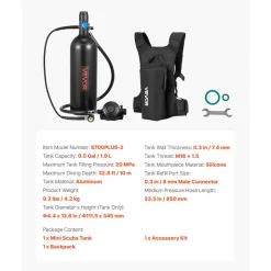 VEVOR Mini Scuba Tank, 1.9L Portable Small Diving Tank for Underwater Breathing, Reusable Lung Diving Cylinder up to 35 Minutes Dive Time, Emergency Rescue Pony Bottle with Backpack for Snorkeling