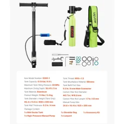 VEVOR Mini Scuba Tank, 0.5L Portable Diving Tank for Underwater Breathing, Reusable Lung Diving Cylinder up to 10 Minutes Dive Time, Emergency Rescue Pony Bottle with Pump, Bag, Lanyard for Snorkeling