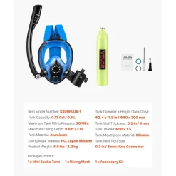 VEVOR Mini Scuba Tank with Sub-Mask, 0.5L Portable Small Diving Tank for Underwater Breathing, Reusable Lung Diving Cylinder up to 10 Minutes Dive Time, Emergency Rescue Pony Bottle for Snorkeling