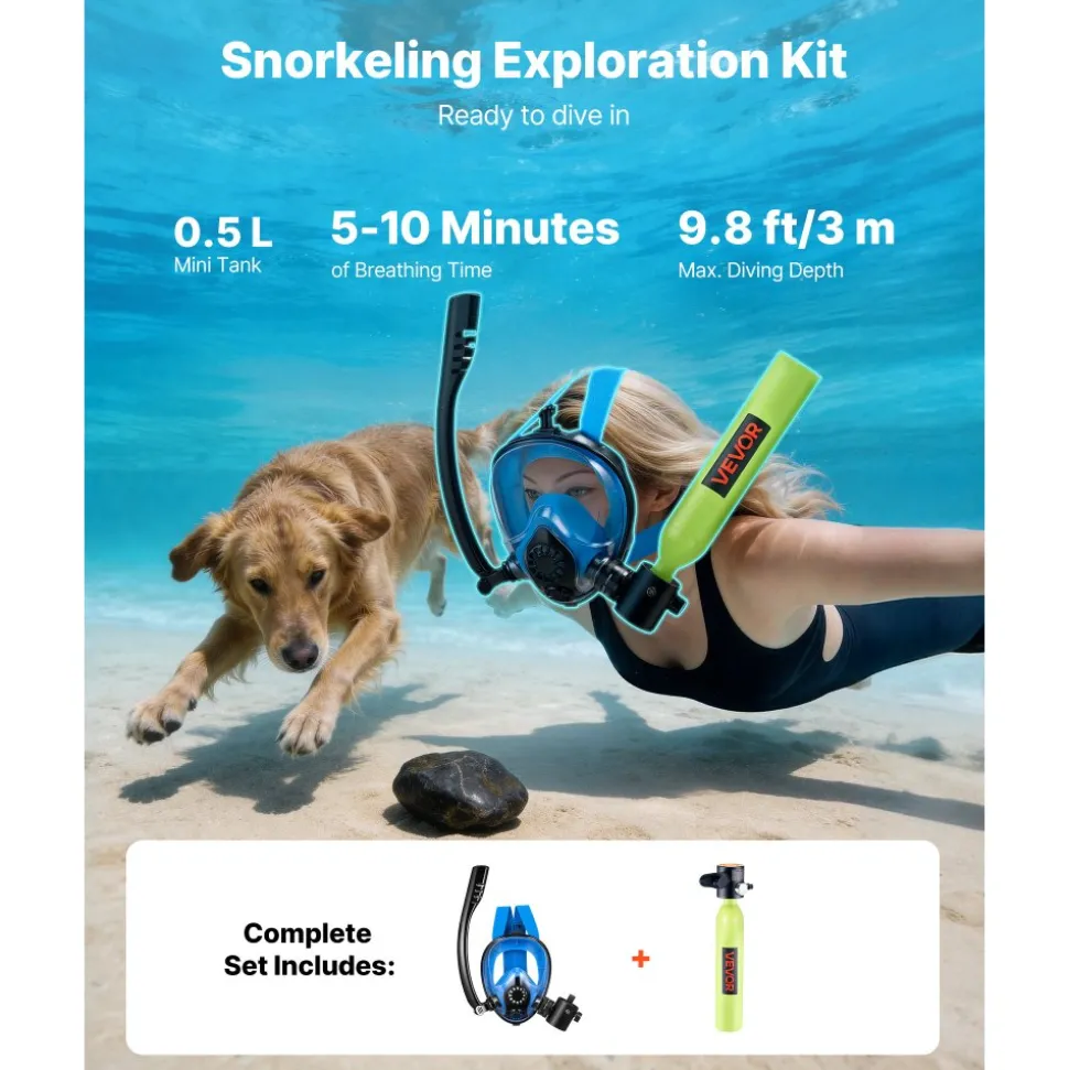 VEVOR Mini Scuba Tank with Sub-Mask, 0.5L Portable Small Diving Tank for Underwater Breathing, Reusable Lung Diving Cylinder up to 10 Minutes Dive Time, Emergency Rescue Pony Bottle for Snorkeling