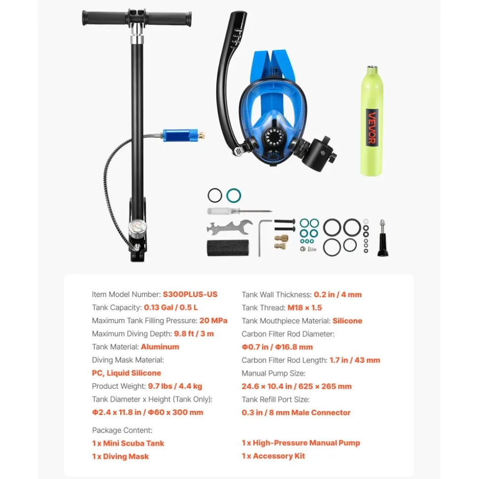 VEVOR Mini Scuba Tank with Sub-Mask, 0.5L Portable Diving Tank for Underwater Breathing, Reusable Lung Diving Cylinder up to 10 Minutes Dive Time, Emergency Rescue Pony Bottle with Pump for Snorkeling