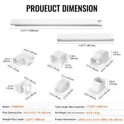 VEVOR Mini Split Line Set Cover 3-inch W 17.6Ft L, PVC Decorative Pipe Line Cover For Air Conditioner with 4 Straight Ducts & Full Components Easy to Install, Paintable for Heat Pumps, White