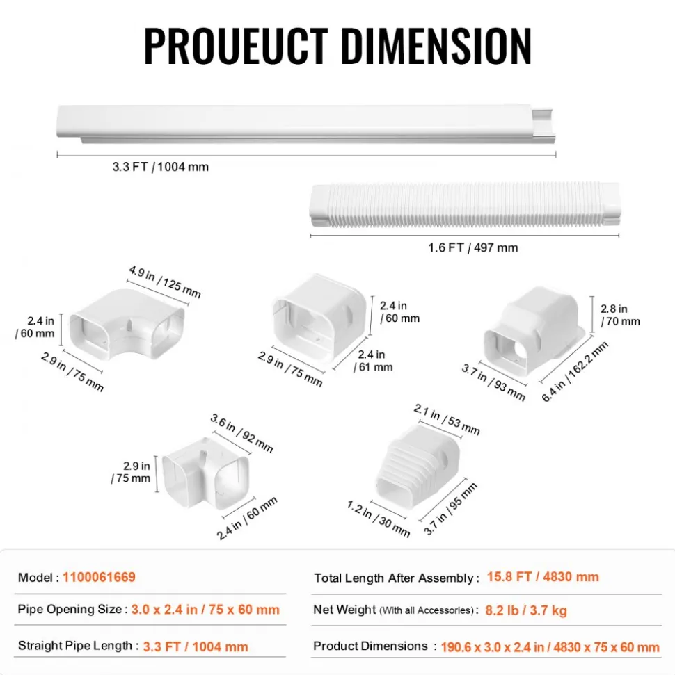 VEVOR Mini Split Line Set Cover 3-inch W 15.8Ft L, PVC Decorative Pipe Line Cover For Air Conditioner with 4 Straight Ducts & Full Components Easy to Install, Paintable for Heat Pumps, White