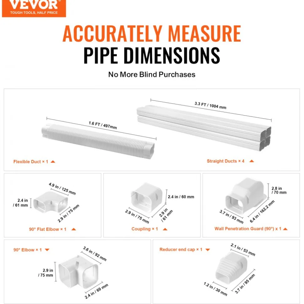 VEVOR Mini Split Line Set Cover 3-inch W 15.8Ft L, PVC Decorative Pipe Line Cover For Air Conditioner with 4 Straight Ducts & Full Components Easy to Install, Paintable for Heat Pumps, White