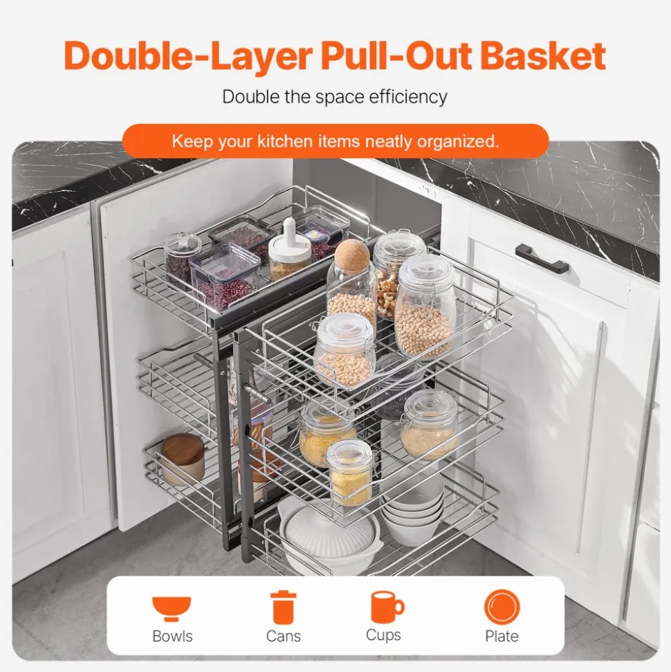 VEVOR Min 15"W Opening Blind Corner Pull Out Organizer, 3 Tier 6 Shelf Kitchen Cabinet Organizer, Chrome Carbon Steel Storage Basket, Slide Out Storage Organizer, Left & Right Open Compatible