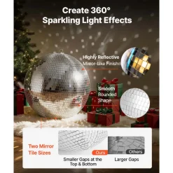 VEVOR Mirror Disco Ball 16 Inch Silver Reflective Ball with Hanging Ring, for Party Home Decoration Stage Props DJ Dance Club, 2 Mirror Tile Sizes, Reflects Light, Large Wedding Music Birthday Decor