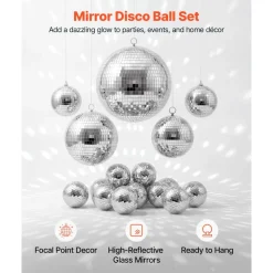VEVOR Mirror Disco Ball 3.2" 4" 6" 8" 12" 17-Pack Balls with Hanging Ring, for Party Home Decoration Stage Props DJ Dance Club, 2 Mirror Tile Sizes, Reflects Light, Wedding Birthday Decor, Silver