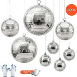 VEVOR Mirror Disco Ball 4" 6" 8" 12" 8-Pack Silver Balls with Hanging Ring, for Party Home Decoration Stage Props DJ Dance Club, 2 Mirror Tile Sizes, Reflects Light, Wedding Music and Birthday Decor