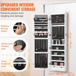 VEVOR Mirror Jewelry Cabinet, 47.05-Inch Tall Lockable Jewelry Cabinet Armoire with Full-Length Mirror, Wall or Door Mounted Jewelry Mirror Organizer with LED Interior Lights and Velvet Lining, White
