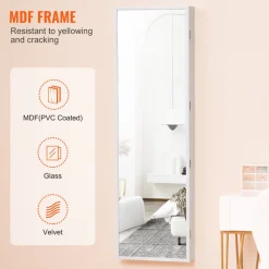 VEVOR Mirror Jewelry Cabinet, 47.05-Inch Tall Lockable Jewelry Cabinet Armoire with Full-Length Mirror, Wall or Door Mounted Jewelry Mirror Organizer with LED Interior Lights and Velvet Lining, White