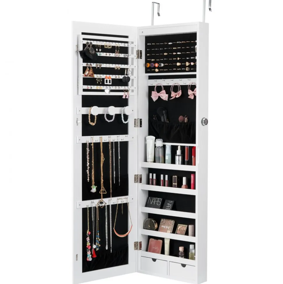 VEVOR Mirror Jewelry Cabinet, 47.05-Inch Tall Lockable Jewelry Cabinet Armoire with Full-Length Mirror, Wall or Door Mounted Jewelry Mirror Organizer with LED Interior Lights and Velvet Lining, White