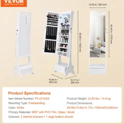 VEVOR Mirror Jewelry Cabinet, Standing Mirror with Storage, Lockable Jewelry Mirror Organizer with Full Length Mirror, Velvet Lining, Interior LED Light, Drawer, Freestanding Jewelry Armoire, White
