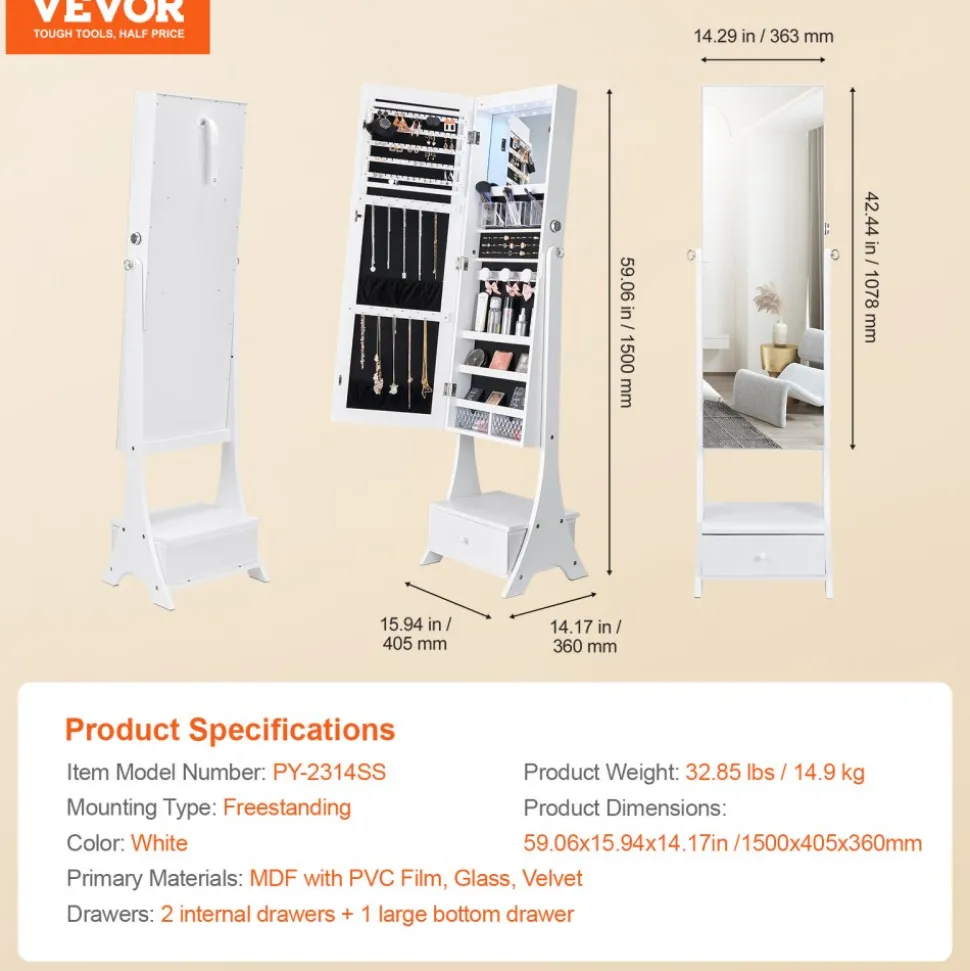 VEVOR Mirror Jewelry Cabinet, Standing Mirror with Storage, Lockable Jewelry Mirror Organizer with Full Length Mirror, Velvet Lining, Interior LED Light, Drawer, Freestanding Jewelry Armoire, White