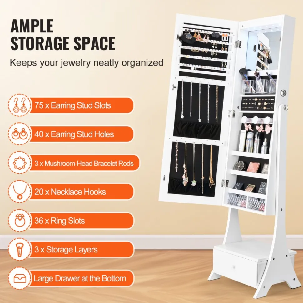 VEVOR Mirror Jewelry Cabinet, Standing Mirror with Storage, Lockable Jewelry Mirror Organizer with Full Length Mirror, Velvet Lining, Interior LED Light, Drawer, Freestanding Jewelry Armoire, White