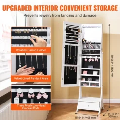 VEVOR Mirror Jewelry Cabinet, Standing Mirror with Storage, Lockable Jewelry Mirror Organizer with Full Length Mirror, Velvet Lining, Interior LED Light, Drawer, Freestanding Jewelry Armoire, White