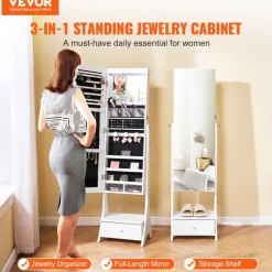 VEVOR Mirror Jewelry Cabinet, Standing Mirror with Storage, Lockable Jewelry Mirror Organizer with Full Length Mirror, Velvet Lining, Interior LED Light, Drawer, Freestanding Jewelry Armoire, White