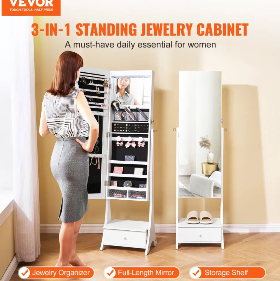 VEVOR Mirror Jewelry Cabinet, Standing Mirror with Storage, Lockable Jewelry Mirror Organizer with Full Length Mirror, Velvet Lining, Interior LED Light, Drawer, Freestanding Jewelry Armoire, White
