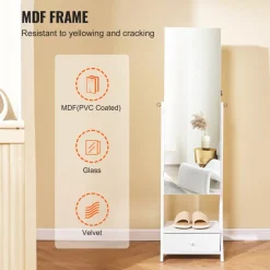 VEVOR Mirror Jewelry Cabinet, Standing Mirror with Storage, Lockable Jewelry Mirror Organizer with Full Length Mirror, Velvet Lining, Interior LED Light, Drawer, Freestanding Jewelry Armoire, White