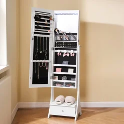 VEVOR Mirror Jewelry Cabinet, Standing Mirror with Storage, Lockable Jewelry Mirror Organizer with Full Length Mirror, Velvet Lining, Interior LED Light, Drawer, Freestanding Jewelry Armoire, White